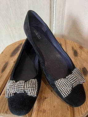 Vaneli Black Suede Ballet Flats with Crystal Bow